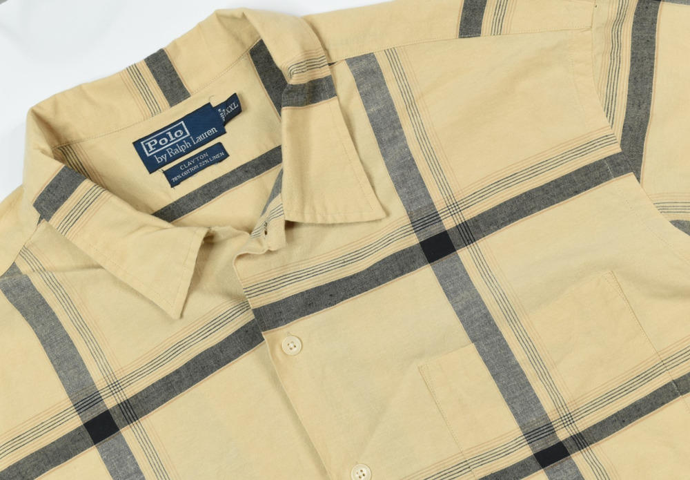 Vintage Polo Ralph Lauren Clayton Shirt Mens 2XL Beige Gray Plaid Cotton Linen